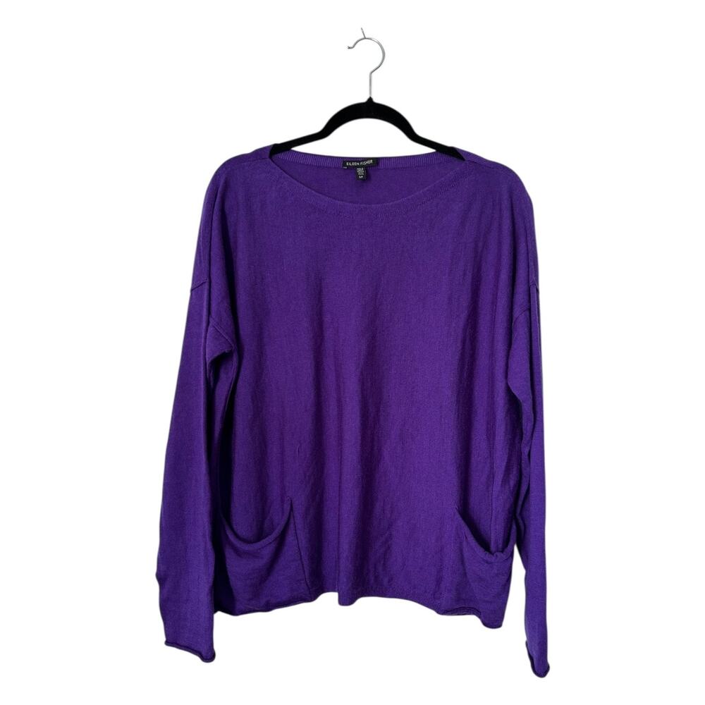 Eileen Fisher Sweater Size S Purple Merino Wool Boat Neck Pockets Long Sleeve